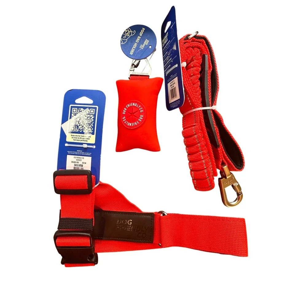 Dog Friendly Co Red Harness Medium Bungee Leash and Poop Bag Holder Set NEW